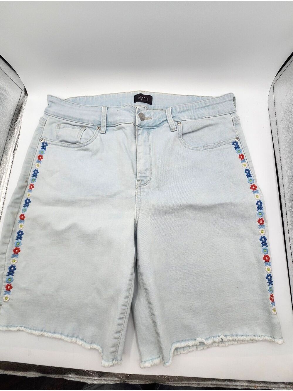 NYDJ Light Blue Denim Shorts with Floral Side Embroidery